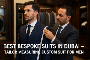Tailor in Dubai measuring a man for a custom bespoke suit inside a luxury tailoring shop
