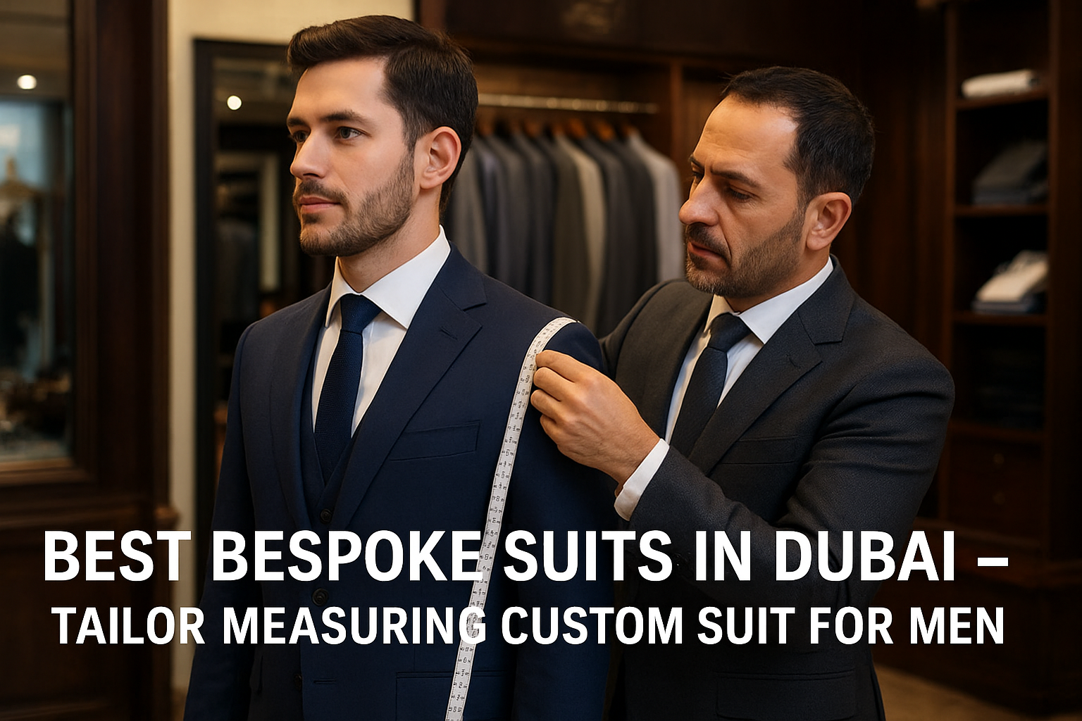 Tailor in Dubai measuring a man for a custom bespoke suit inside a luxury tailoring shop