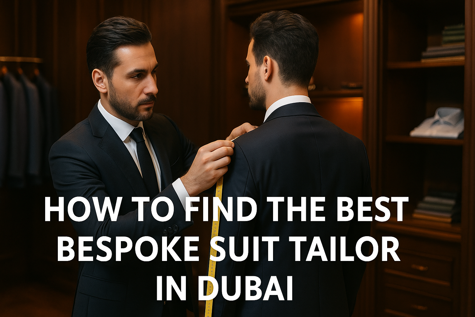 Professional tailor in Dubai measuring a client for a bespoke custom suit inside a luxury tailoring shop