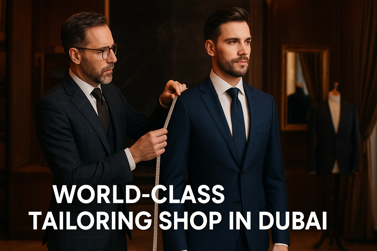 Master tailor in Dubai measuring a client for a bespoke custom-made suit in a luxury tailoring shop