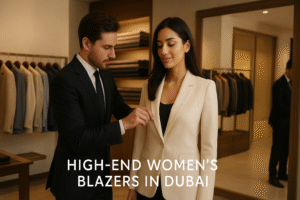 Luxurious women’s tailoring shop in Dubai featuring a tailor fitting a high-end custom-made women’s blazer.”