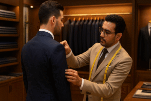 Professional tailor adjusting a groom’s custom made suit in Dubai inside a luxury tailoring shop